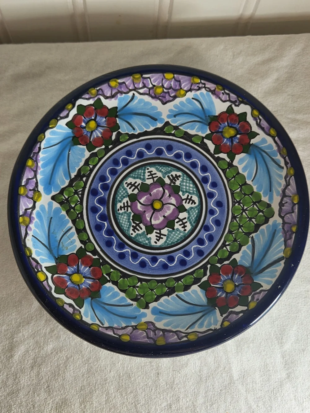 Hand-Painted Floral Ceramic Wall Art Puebla 2007 Mexican - Blue & Multicolor